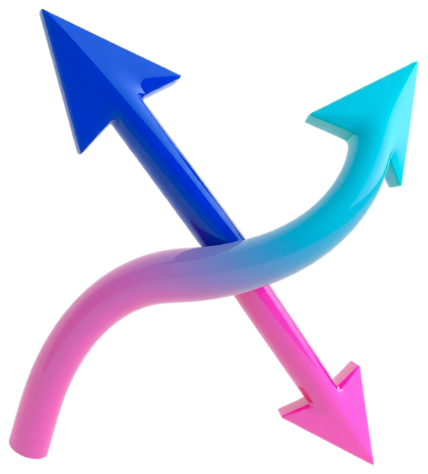 Conceptual 3D illustration of three arrows diverging in different directions — build, buy, or rent