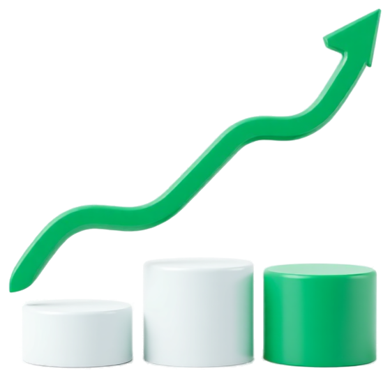 Conceptual 3D illustration of an upward arrow rising over ascending blocks