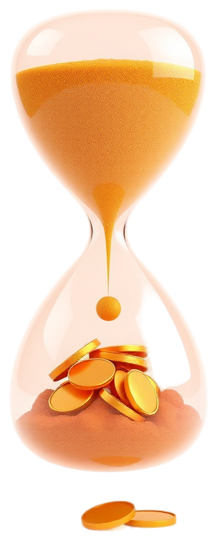 Conceptual 3D illustration of an hourglass draining sand into coins — the cost of waiting