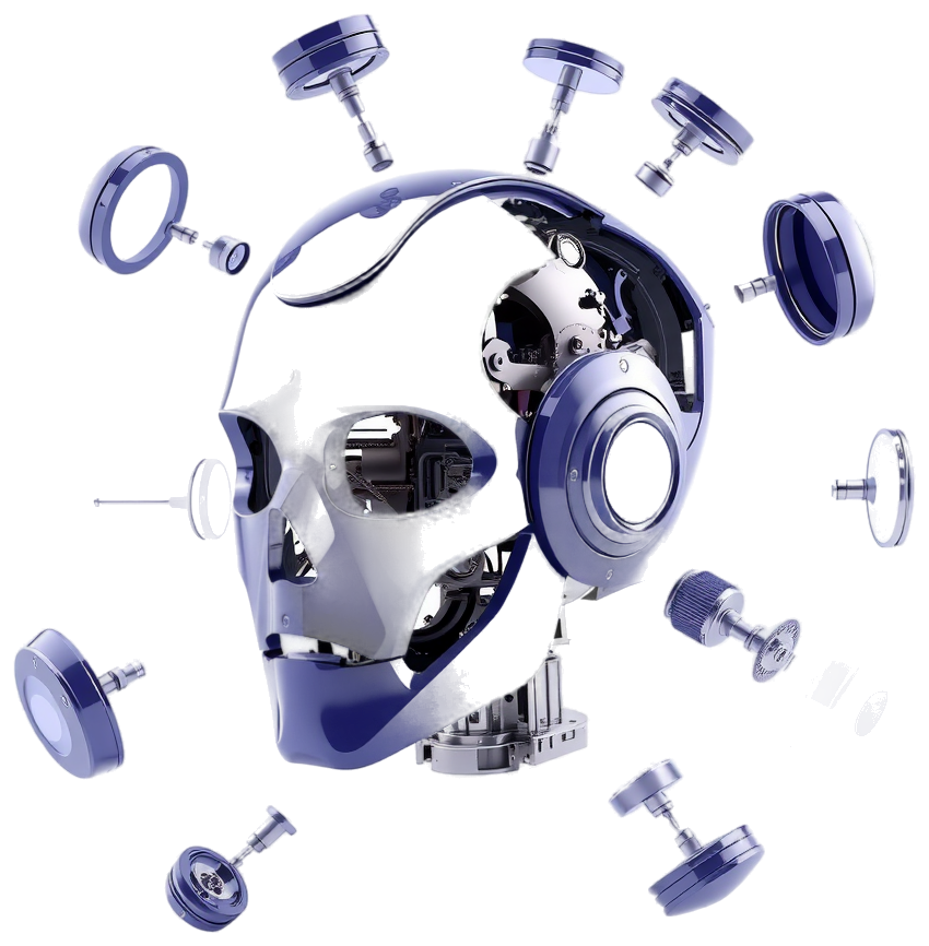 Conceptual 3D illustration of a robot head separated into exploded parts — an AI build autopsy